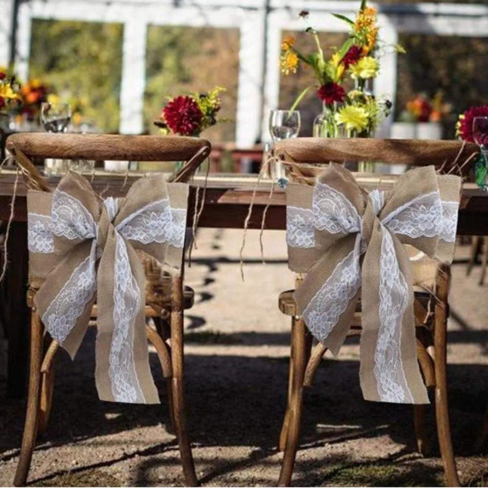 

15 * 240cm Nature Elegant Burlap Lace Chair Sashes Jute Chair Bow Tie For Rustic Wedding Event Decoration