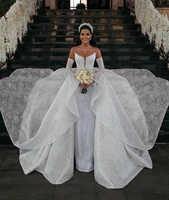 glitter sequin strapless mermaid wedding dress sparkly detachable sleeves court train celebrity bridal robe bling wedding guest