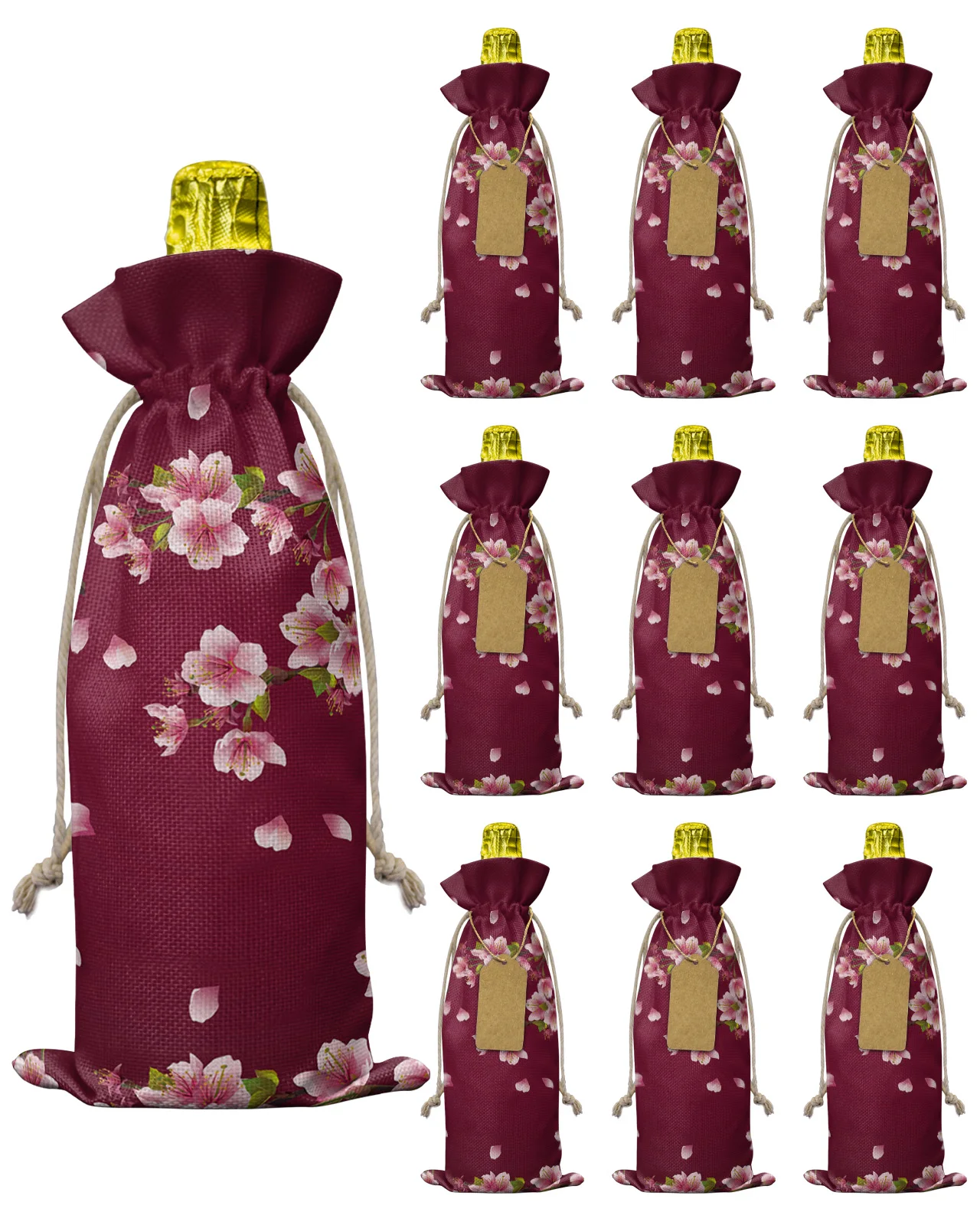 

10pcs Plum Blossom Petal Branch Drawstring Wine Bottle Covers Reusable Bottle Wrap Gift Package Party Decor Wine Bags