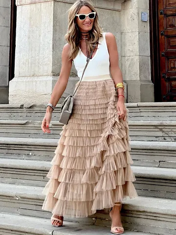 Boho Retro Long Skirt Women Summer Mesh Lace Elastic Waist Skirt Female Elegant Fashion Loose Beach Party Skirts Ladies 2023