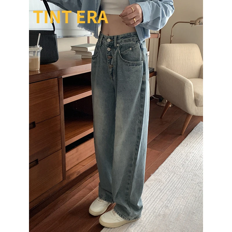 TINT ERA Women's Autumn Korean Version Jeans 2022 High Waist Loose Straight Leg Trousers Femme