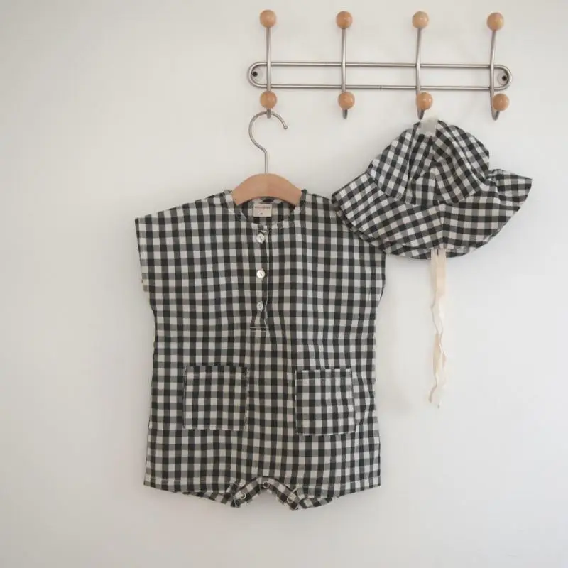 Newborn Baby Sleeveless Plaid Romper + Fisherman Hat 2pcs Suit Infant Loose Casual Jumpsuit Toddler Boy Clothes Outfits 0-24M