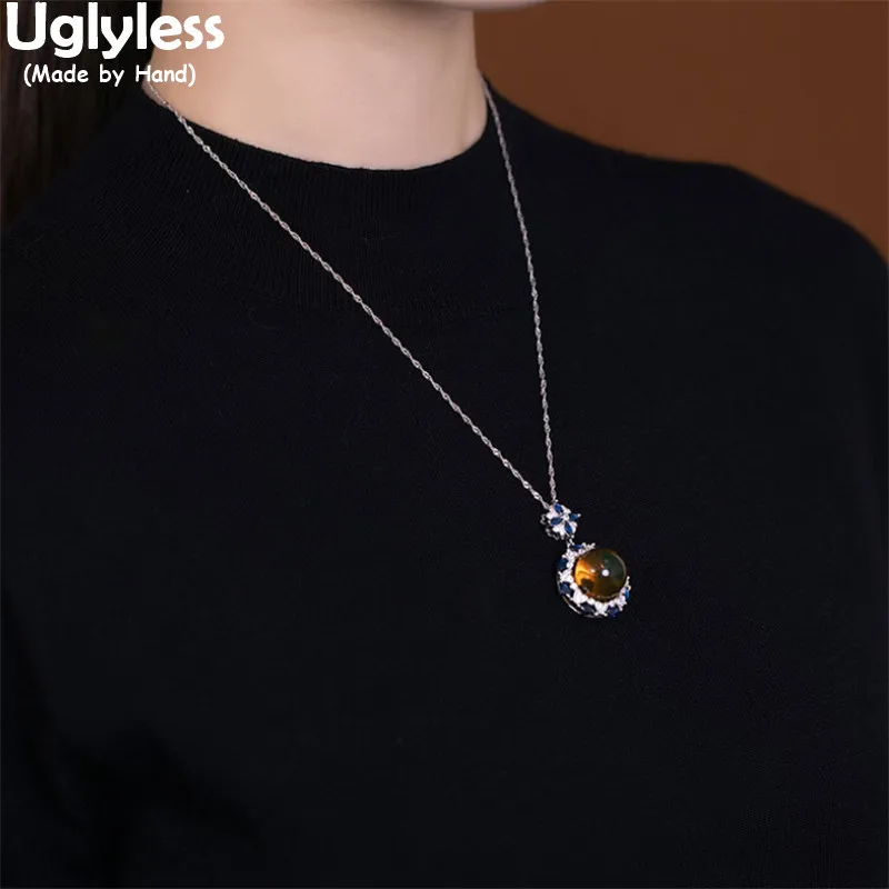 

Uglyless Luxury Natural Dominica Blue Perot Necklaces for Women Amber Pendants + Chain Sparkly Zircons Floral Jewelry 925 Silver