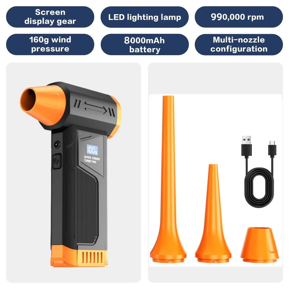 

Беспроводной струйный вентилятор 990000 об/мин, бесщеточный двигатель, турбоструйный вентилятор, автомобильный пылесос, освещение/цифровой дисплей, уличный портативный вентилятор