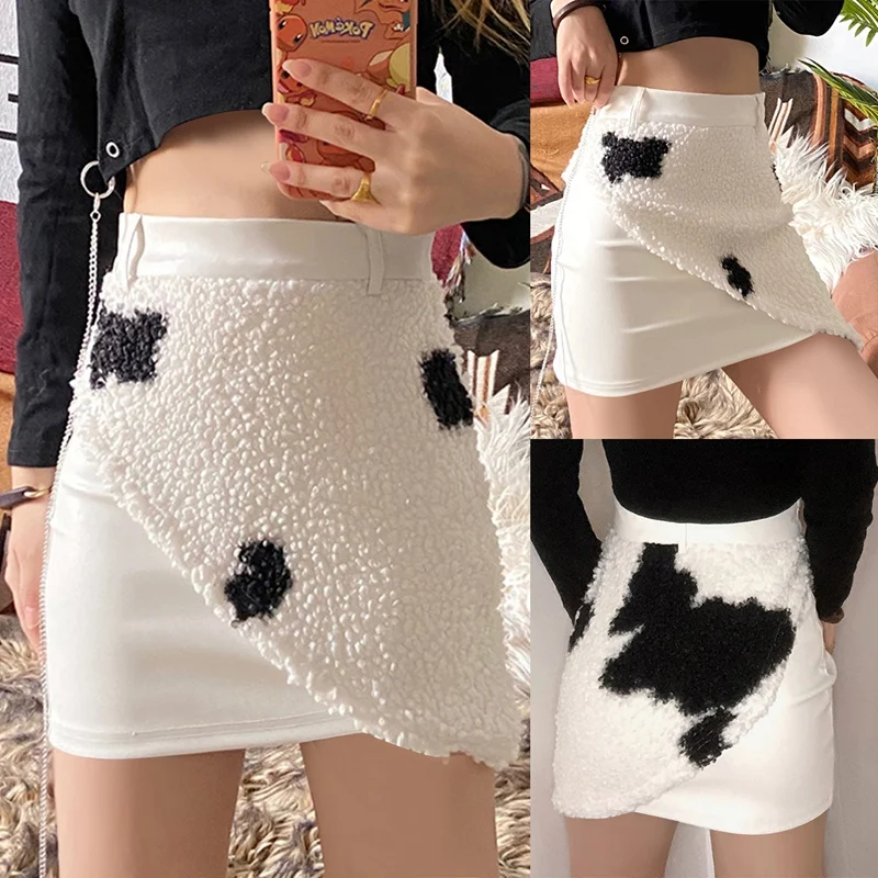 

Women's Slim Fit Pack Hip Fashion Plush Cow Pattern Skirt White