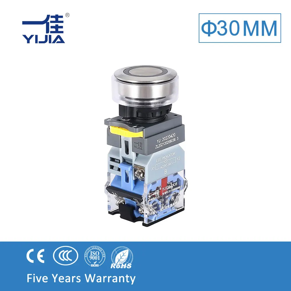 YIJIA LA38A-11E 30 мм, нажимная кнопка из нержавеющей стали с мгновенным включением/выключением светильник 1NO 1NC или 2NO