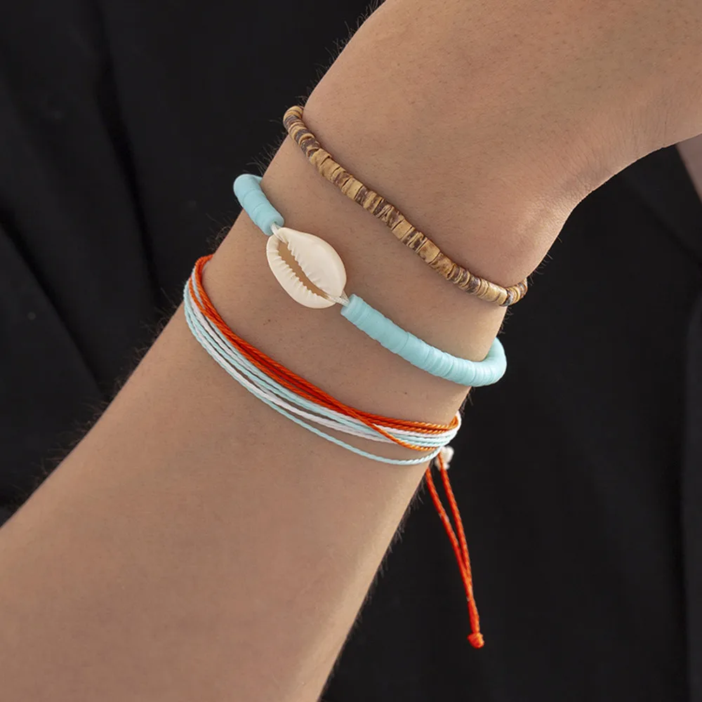 

IngeSight.Z 3Pcs/Set Bohemian Shell Polymer Clay Bracelets Set for Women Men Brown Wood Beads Braided Rope Chain Bracelet Gift