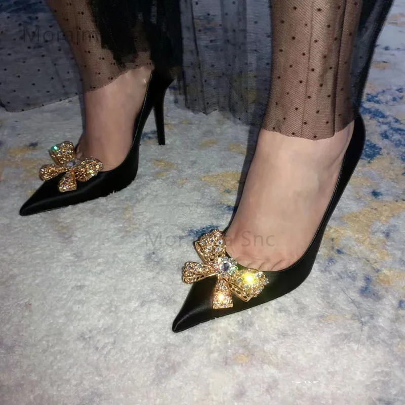 Rhinestone Bow Buckle Black Satin High Heels Female Stiletto Temperament Sexy Pointed Toe Women's Pumps Shallow Single Shoes