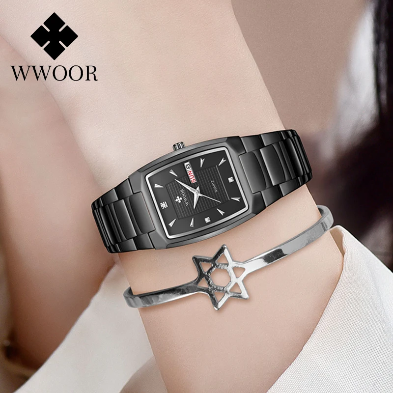

Diamond Elegant Women Watches WWOOR Luxury Waterproof Date Clock New Square Ladies Quartz Bracelet Wristwatches Relogio Feminino