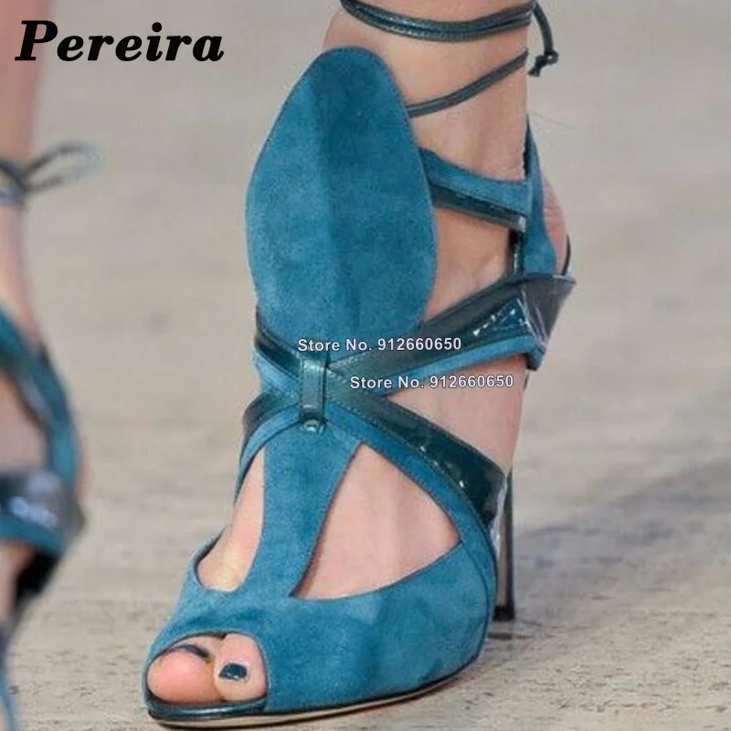 Pereira Blue Lace up Hollow Heels Women Sandals Ankle Strap Super Thin High Heels Sexy Wedding Shoes on Heels Party Gladiator
