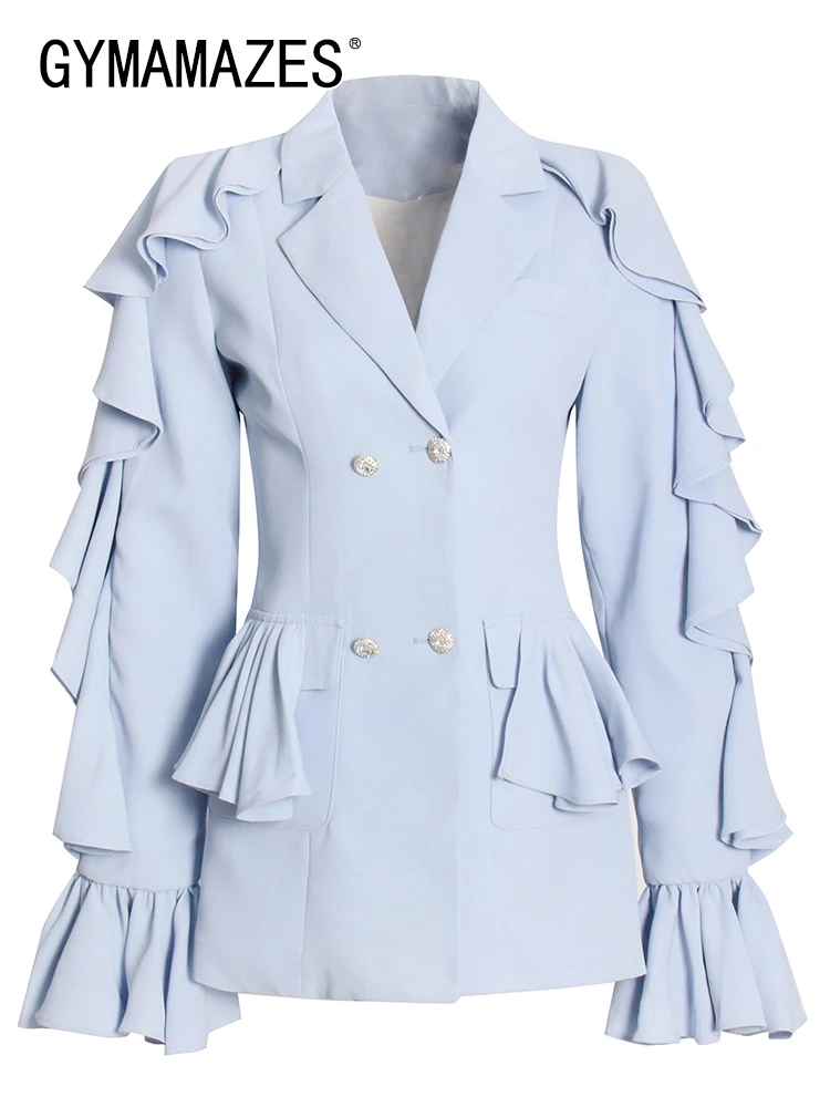 

GYMAMAZES Patchwork Ruffles Loose Straight Blazer For Women Notched Collar Long Sleeve Solid Blazers Female Spring Clothing 2022