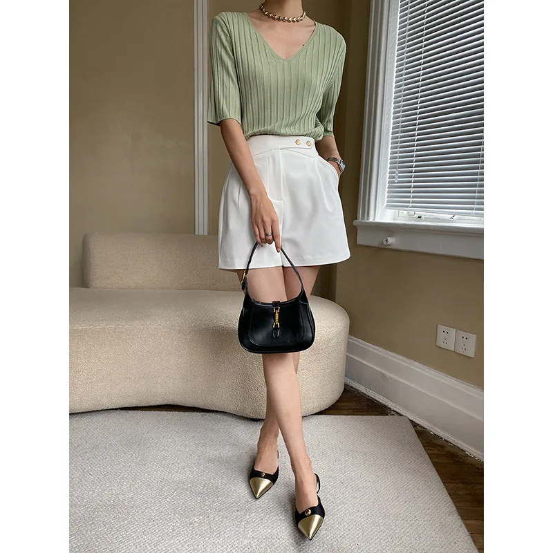 Spring and Summer Women's Shorts with Gold Button Decoration Wide Leg Suit Shorts Fashion