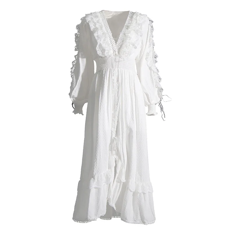 

White Lace Patchwork Women Dress Elegant Sexy V-Neck Long Sleeve Asymmetrical Dresses 63008