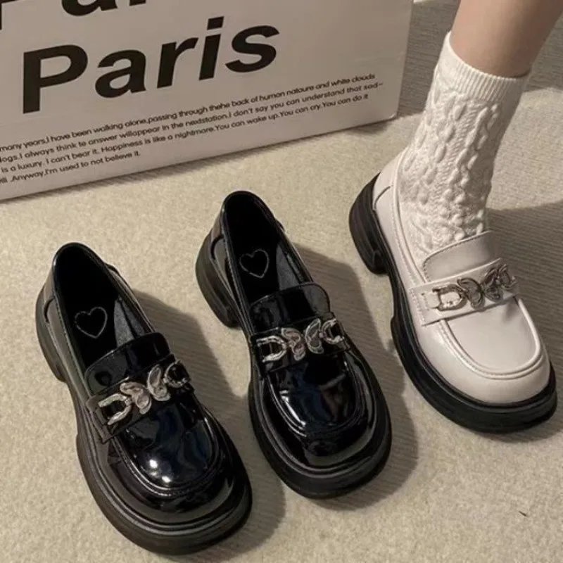 

SHANPA British Style Black Shoes for Women Glossy Jk Platform Lolita Pu Leather Casual Loafers Butterfly Kawaii New Ladies Shoes