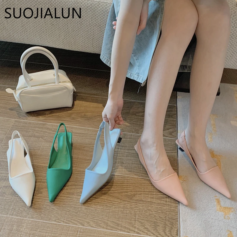 

SUOJIALUN 2022 Summer Fashion Women Sandal New Pointed Toe Shallow Slip On Ladies Slingback Shoes Thin Low Heel Elegant Dress Sh