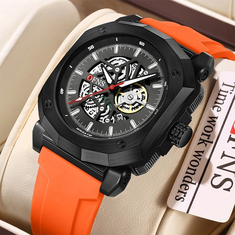 Фото Ofns Skeleton Luminous Waterproof Quartz Watch for Men Boys Teenagers Students Calendar Date Display Business Casual Wristwatch №1