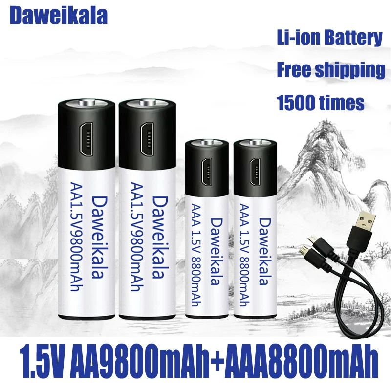 

1.5V AA + AAA USB Rechargeable Battery AA 9800mAh/AAA 8800mAh Li-ion Batteries for Toys Watch MP3 Player Thermometer+ Cable