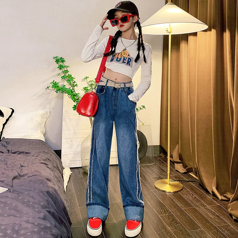 

Топы с буквенным принтом для девочек-подростков; Белая и черная короткая рубашка с длинными рукавами; Новинка 2023 года; Комплект джинсовой одежды для девочек