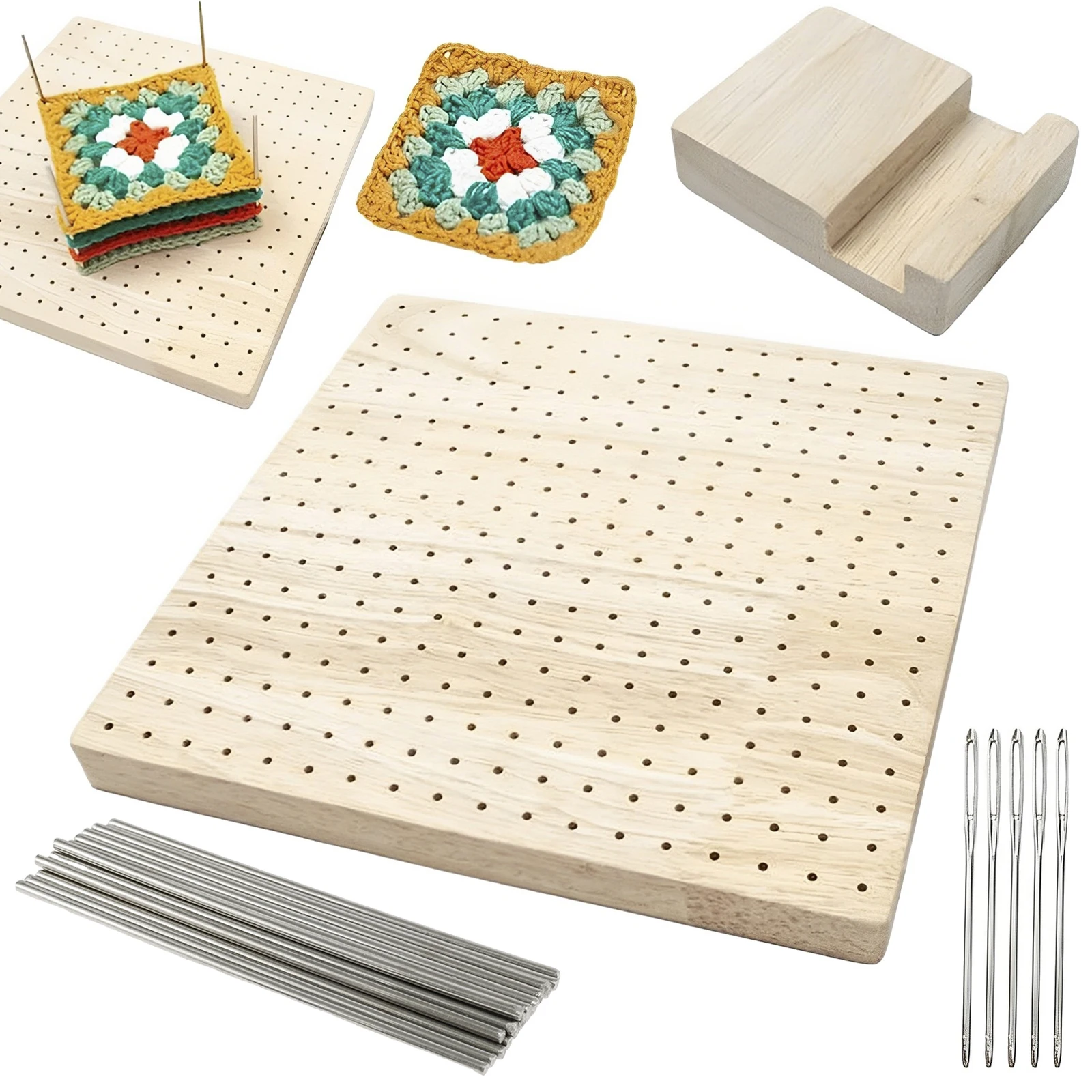 

Wooden Crochet Blocking Board Reusable Handcrafted Knitting Blocking Mat Set with 20 Stainless Steel Pins 5 Large Eye Needle and