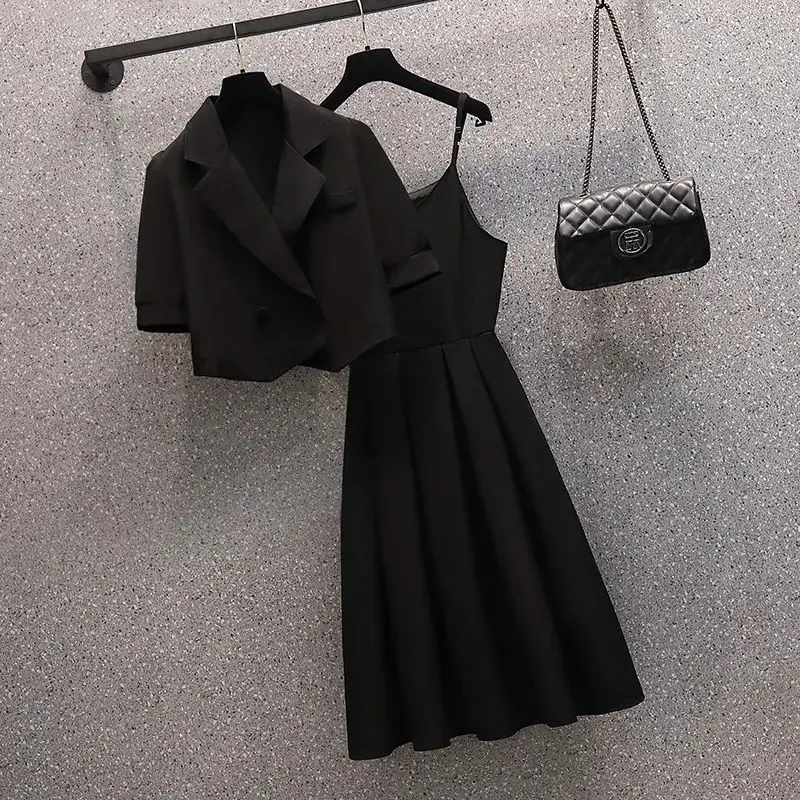 2023 Summer Korean Style Short Sleeve Slim Fit Jacket Blazer Strap Dress Two Piece Elegant Women's Party Dress Office Outfits
