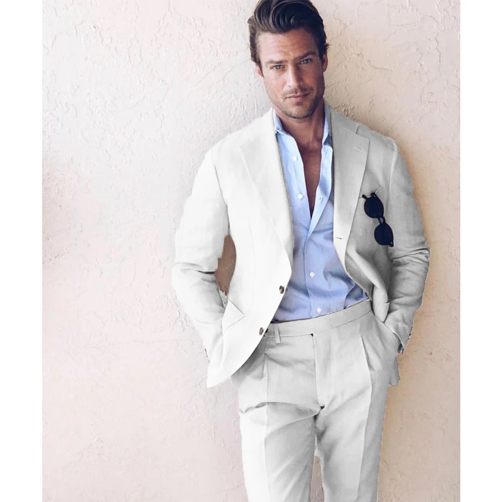 Мужской льняной однобортный костюм винтажный свадебный из двух предметов пиджак