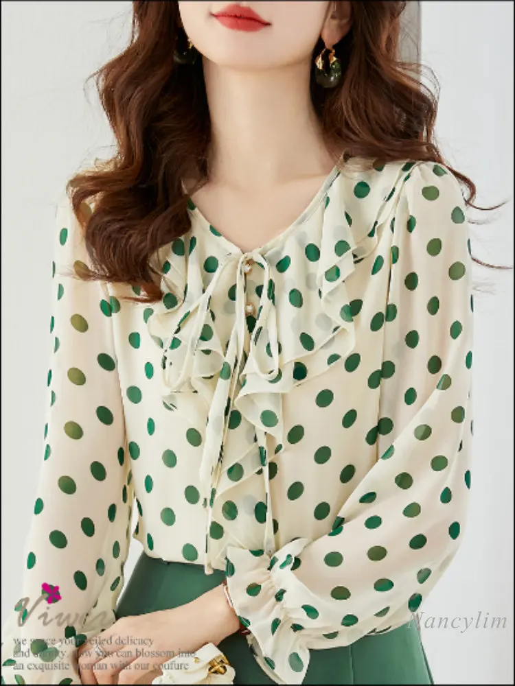 

Polka Dot Ruffled Chiffon Top Women's Long Sleeve Shirts and Blouses Femme 2023 Spring Summer New Printed V-neck Blusas