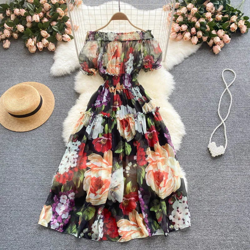 

Sexy Slash Neck Flower Printed Chiffon Dress Women Bohemian Short Sleeve High Waist A-Line Vacation Beach Vestidos Female 2022