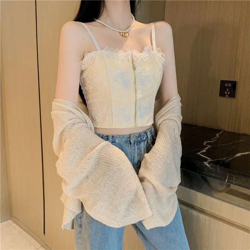 

Camisole Crops Style Summer Trendy Holiday Design Inside Girlish Schoolgirl Korean Popular Sweet Women Y2k Tops Zipper Preppy