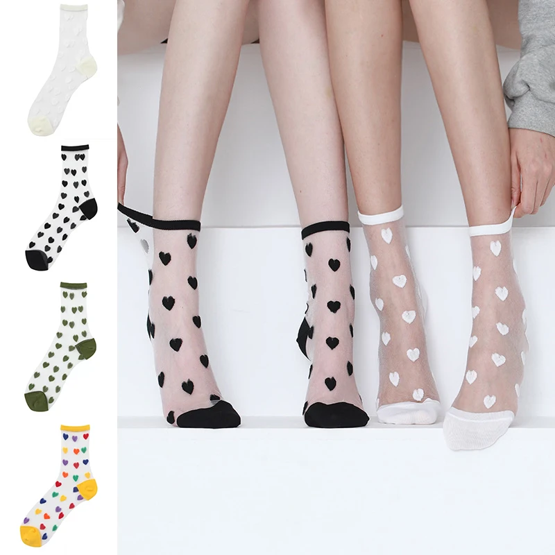 

Прозрачные женские носки, летние Прозрачные шелковые носки с надписью Love Heart Tull, женские тонкие сетчатые прозрачные бриллианты