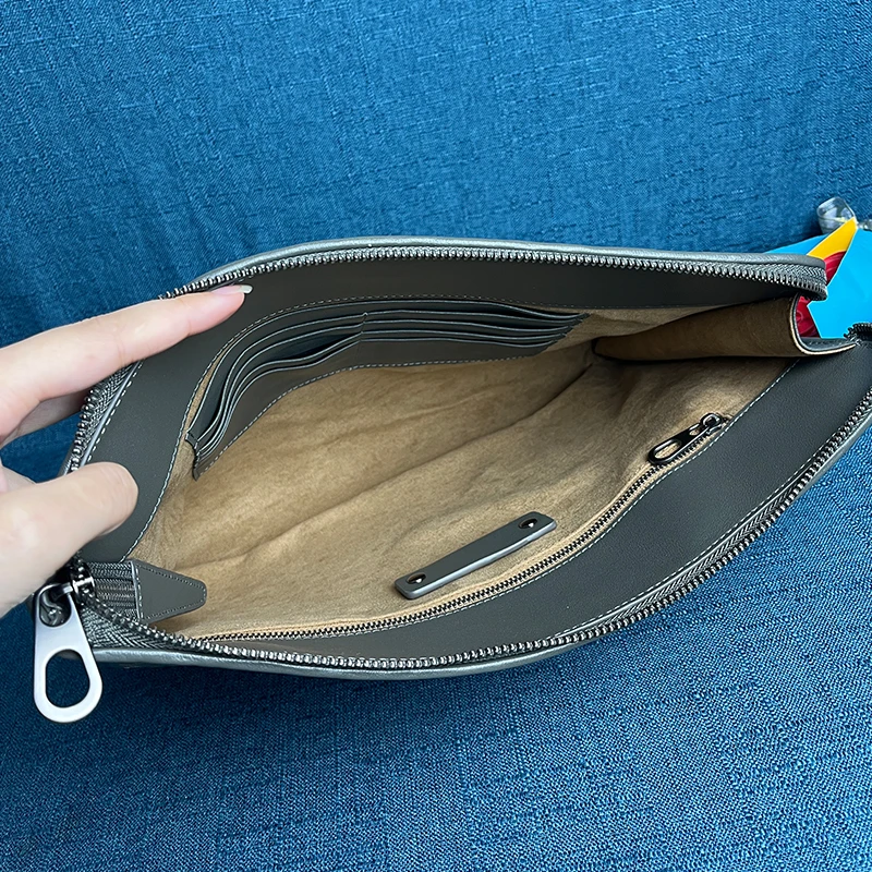 Young Men's Authentic Leather Sheepskin Woven Zipper Handbag Stylish and Portable Large Capacity Business Envelope Clip A4 Paper