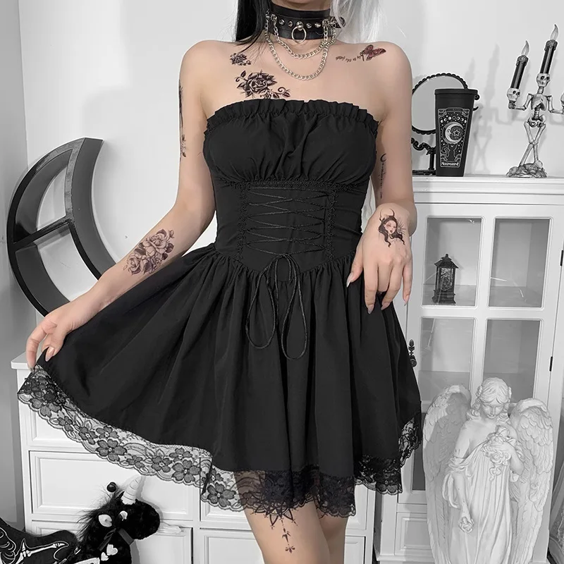 

Spring Summer Women Strapless Dress Adults Tie-Up High Waist Solid Color Boat Neck Lace Dress Skin-Friendly Street Style S M L