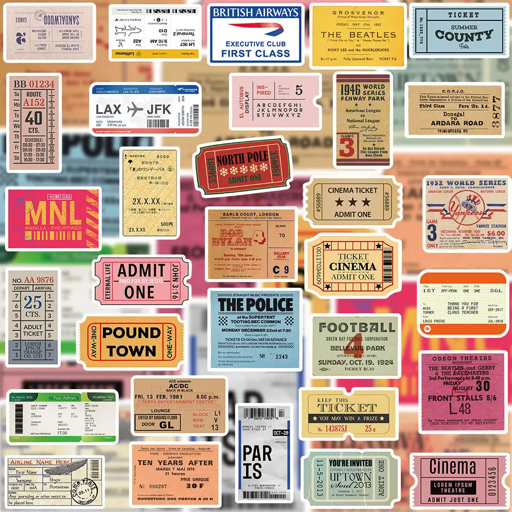 

50Pcs Ins Style Retro Stickers Old Ticket Stubs Literary Luggage Guitar Notebook Decoration Pvc Waterproof Mobile Phone Stickers