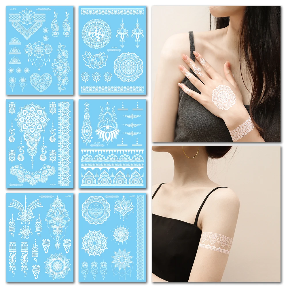 VeeCharm-белая Мандала хна тату наклейки для женщин/взрослых кружево Бабочка лотос