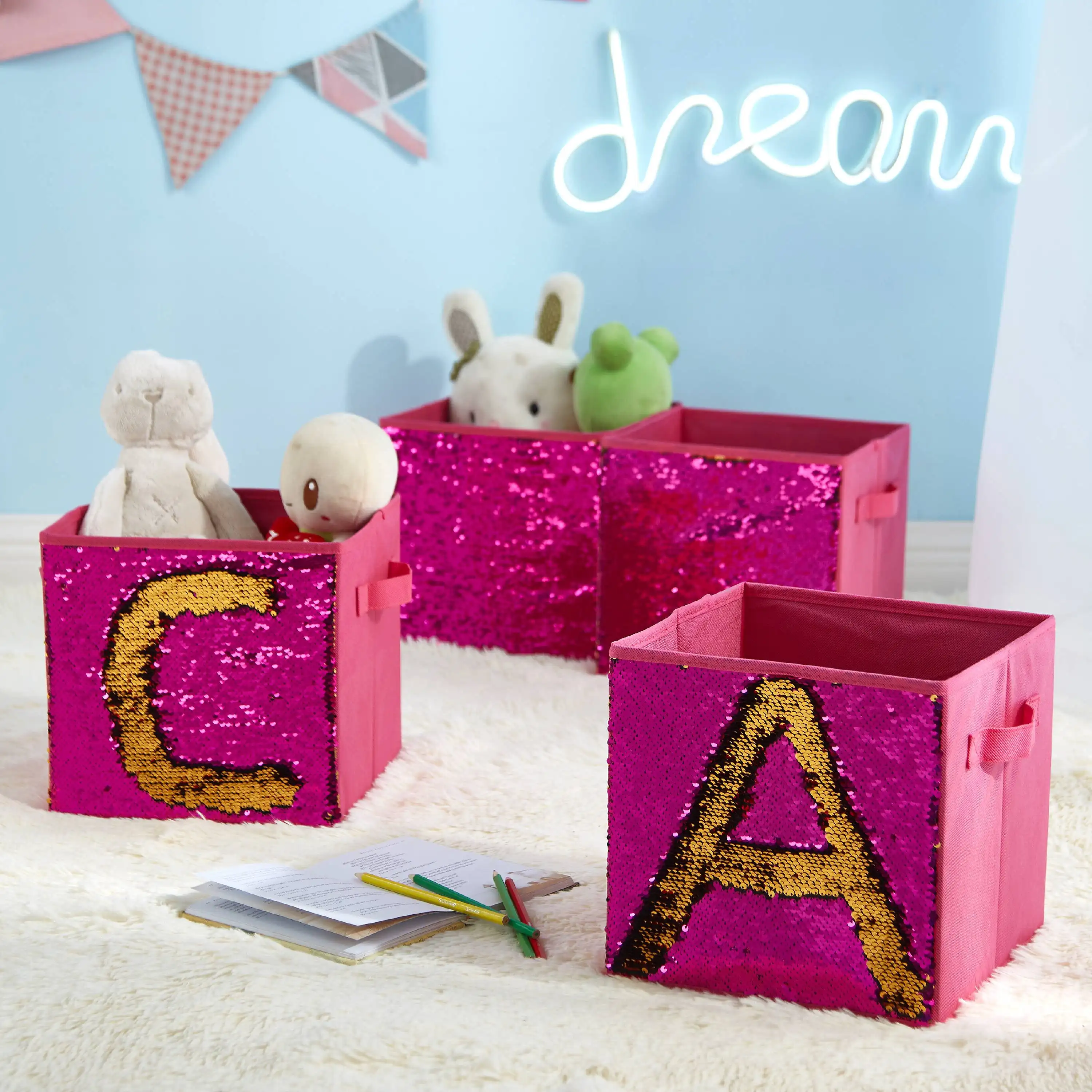 

Hot Pink Sequin Reversible to Gold Collapsible Storage Cubes, Set of 4