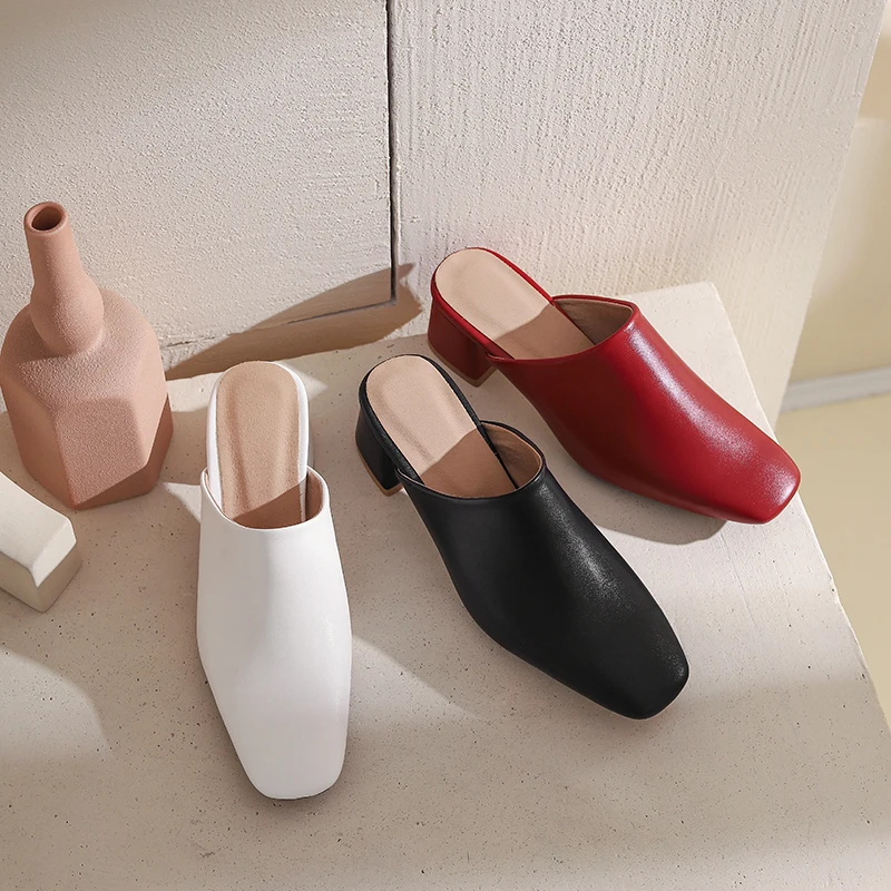 Big Size Summer Women Mules White Black Square Toe Medium Block Heels Pumps Comfortable Party Club Leisure Lady Slip-on Slippers