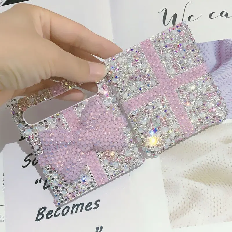 

Suitable for Samsung Galaxy Zflip3 4 Fold2 3 Korean Diamond Inlaid Phone Case Luxury Diamond Big Bow Back Cover with Bracelet