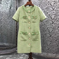 new 2022 autumn winter dress high quality women pocket button deco short sleeve slim fitted tweed wool dress green pink color