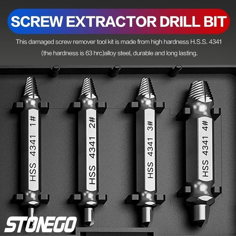 

STONEGO Stripped Screw Extractor Drill Kit, HSS 4341 Broken Damaged Bolt Extractor for Easily Remove Damaged Screw,1PC/4PCS/6PCS