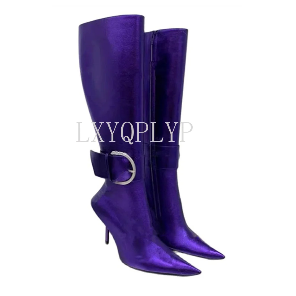 Retro Square Buckle Women's Boots 2022 Autumn New Knee-length Zipper Boots Stiletto Pointed Toe Banquet Shoes Size43 Boots