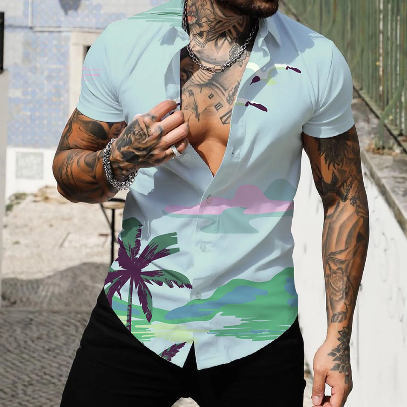 

T Shirt Pack Men Spring Summer Single Breasted Casual Lapel Full Print Beach Short Sleeve Vacation Outdoor Metallic Medium