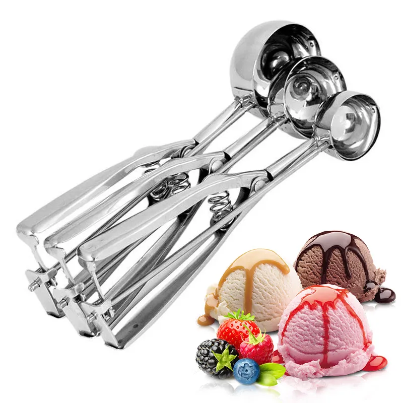 

3 Size Ice Cream Scoop Trigger Metal Cookie Spoon Ice Ball Mold Non-Stick Potatoes Watermelon Ice Cream Digger Scoop Tools