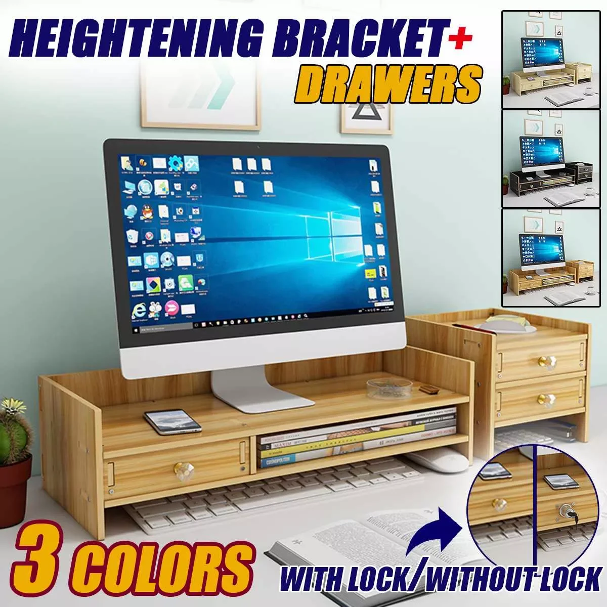 

Multi-function Home Desktop Monitor Stand Computer Screen Riser Wood Shelf With Locks Laptop PC Stand Desk Holder Notebook TV