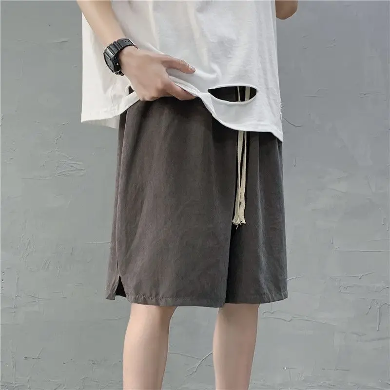 

Шорты мужские тонкие до колен, летние свободные прямые повседневные штаны в японском стиле с эластичным поясом, однотонные с разрезом и карманами