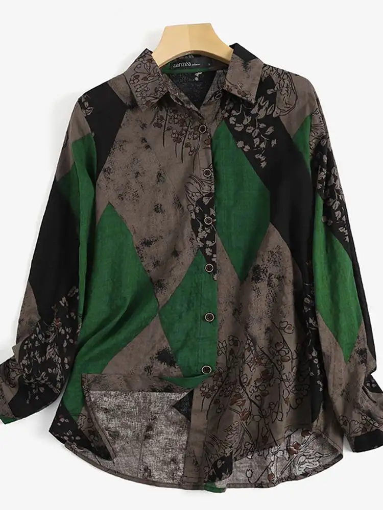 

Women Fashion Printed Tops ZANZEA Vintage Long Sleeve Shirt 2022 Spring Oversized Lapel Blouses Holiday Chemise Casual OL Tunic