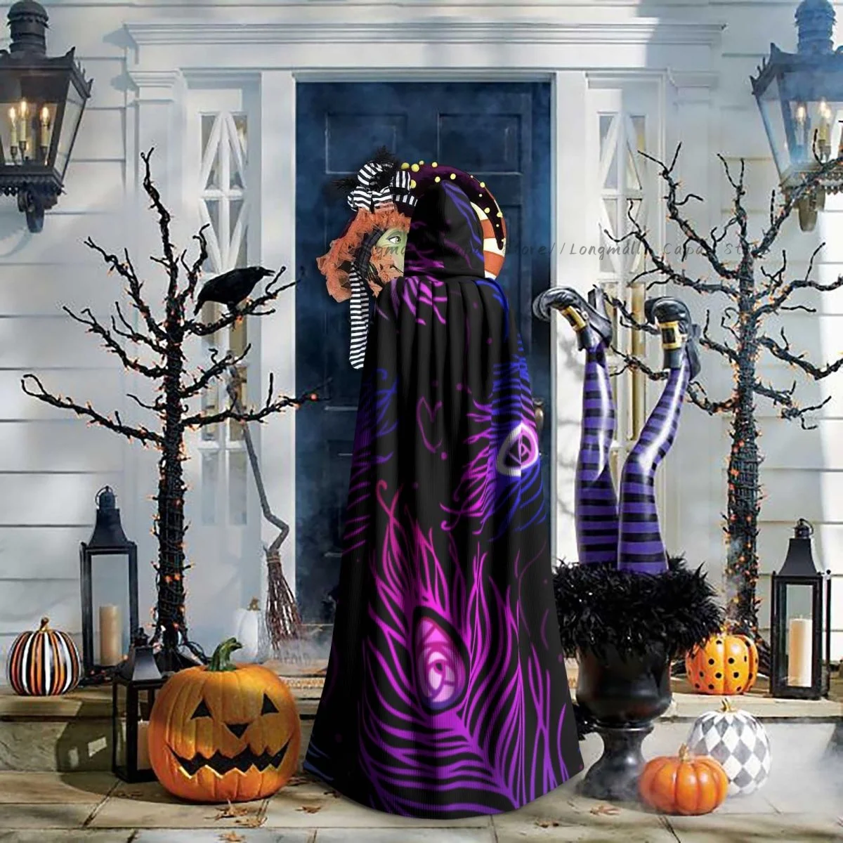 Цветная накидка ведьмы с павлиньими перьями костюм для косплея на Хэллоуин