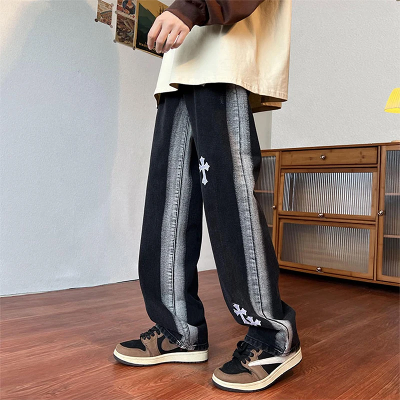 Mens Trousers Retro Cross Patch Distressed Straight Jeans Pants High Street Streetwear Fashion Loose Washed Denim Pants Unisex