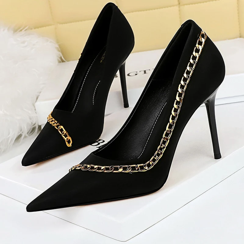 

BIGTREE Shoes New Metal Chain Women Pumps Design High Heels Sexy Nightclubs Lady Heels Stilettos Silks Satins Female Shoes