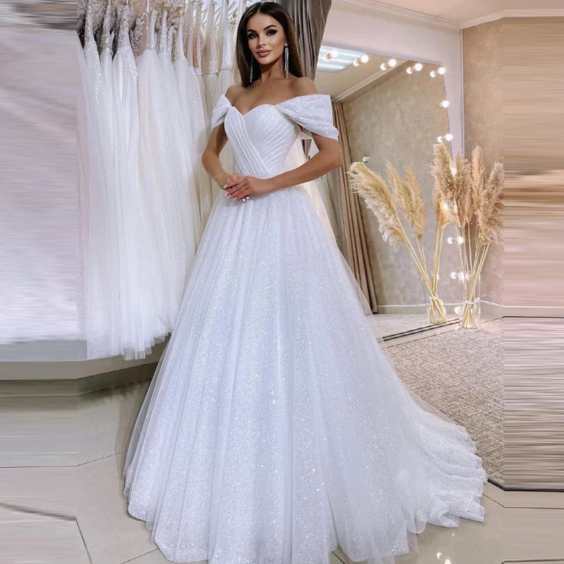

Princess Glitter Wedding Dresses 2022 A Line Sweetheart Off Shoulder Shiny Tulle Bridal Gowns Custom Made Vestido De Noiva