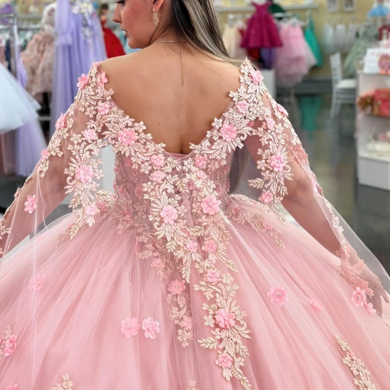 Розовое блестящее платье для Quinceanera милое 15 16 бальное с цветочным орнаментом
