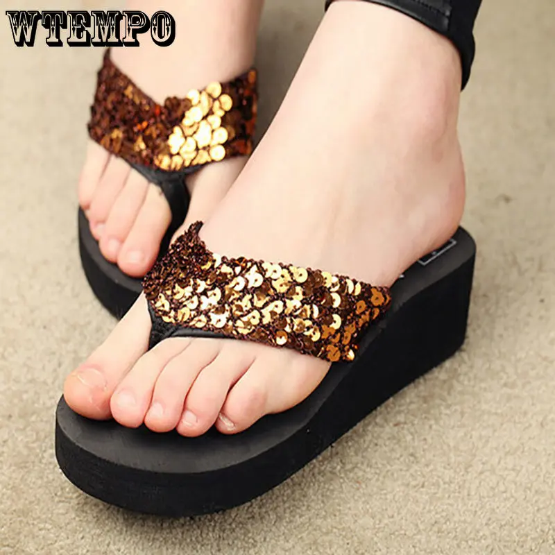 WTEMPO Women Summer Sandals Sequins Beach Female Flip Flops Girls High Heel Shoes for Platform Wedge Slippers Wholesale